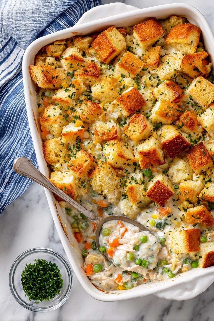 The image shows a white baking dish filled with two main layers. The bottom layer is a creamy mixture with visible green peas, small orange carrot cubes, and bits of herbs mixed in a thick white sauce. The top layer consists of golden-brown toasted bread cubes sprinkled with small green herb pieces. A silver spoon rests on the dish, slightly scooping from the side, revealing the creamy vegetable layer underneath. Next to the dish is a small clear bowl holding finely chopped green herbs. The dish sits on a white marbled surface with a blue and white striped cloth partially visible at the top left corner. photo taken with an iphone --ar 2:3 --v 7