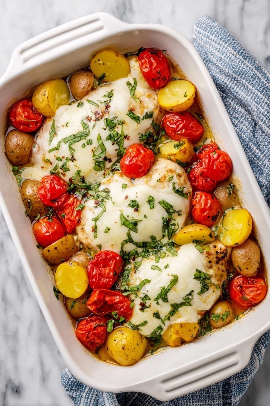A white baking dish filled with three large pieces of light golden baked chicken topped with melted white cheese that has a smooth, slightly browned texture. Surrounding the chicken are small yellow and red roasted potato halves with a tender texture, mixed with bright red roasted cherry tomatoes that have a soft, shiny skin. The dish is sprinkled with fresh dark green chopped basil leaves, adding a fresh look. The white baking dish sits on a white marbled surface with a blue and white striped cloth partially visible at the corner. Photo taken with an iphone --ar 2:3 --v 7