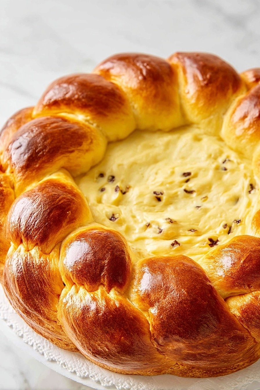 The image shows a round pastry with a thick braided crust that is golden brown and shiny on top. The crust forms an outer ring with large, rounded braids all around. Inside, there is a creamy pale yellow filling with small dark brown spots scattered throughout, giving a soft textured look. The pastry sits directly on a white marbled texture. The photo taken with an iphone --ar 2:3 --v 7