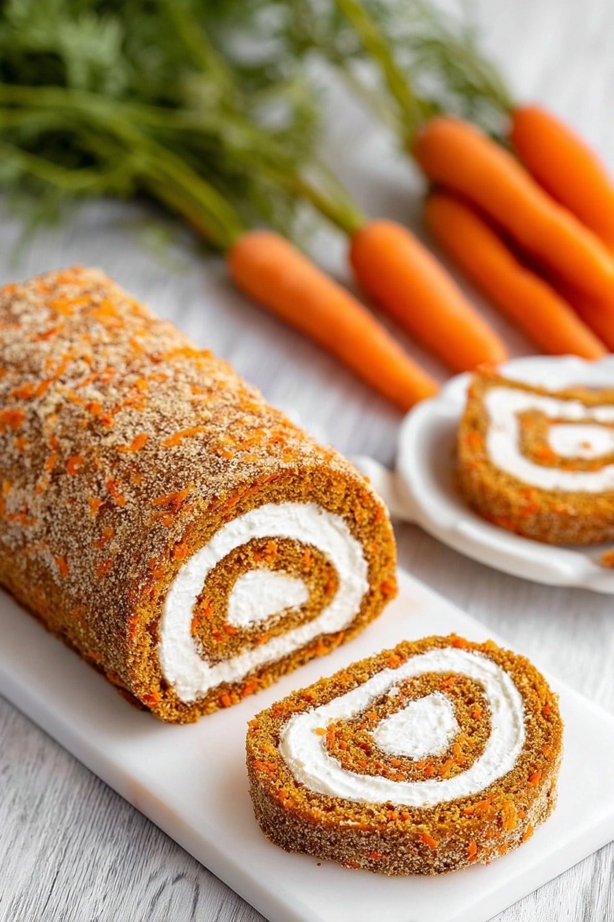 The image shows a carrot roll cake sliced into several pieces. The cake has two main layers: a light brown outer sponge with small orange carrot bits and a smooth white cream cheese filling in a spiral pattern inside. The slices are laid out on an ornate white plate and next to it on a white wooden surface. In the background, a larger piece of the unsliced roll cake rests on an ornate white rectangular plate next to a bunch of fresh bright orange carrots with green leaves still attached. Two silver forks lie on the white marbled surface near the front of the image. The photo taken with an iphone --ar 2:3 --v 7