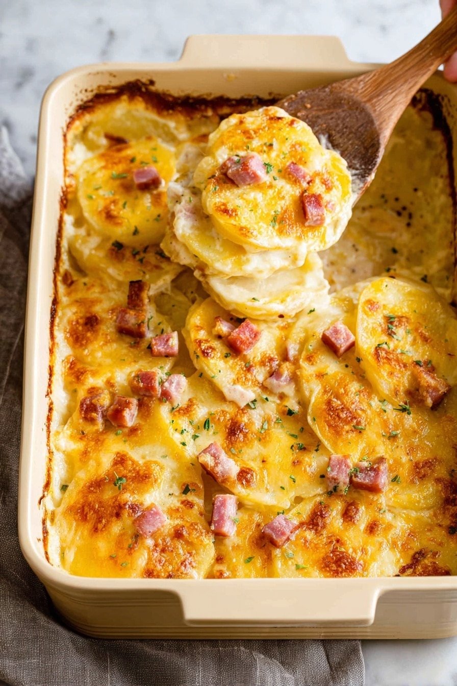 A rectangular cream-colored baking dish holds several layers of scalloped potatoes, each yellow potato slice visible through a creamy, golden melted cheese topping. Small cubes of browned ham are scattered evenly on top, adding pops of pink and brown color. The cheese has a shiny, slightly browned texture around the edges. A woman's hand is holding a wooden spoon lifting a scoop of the layered potatoes and cheese, showing the thick, soft layers beneath. The baking dish sits on a white marbled surface with a soft gray cloth partially visible in the background. Photo taken with an iphone --ar 2:3 --v 7