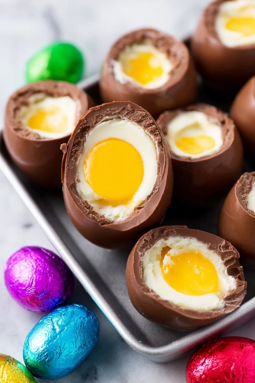 Six chocolate spheres, each filled with white creamy filling and topped with a bright yellow, smooth dollop that looks like an egg yolk, sit in an ornate white egg tray. The chocolate shells have a textured edge around the filling, showing a slightly rough broken surface. Around the egg tray, there are several small foil-wrapped Easter eggs in shiny colors such as green, blue, red, purple, and pink, resting on a white marbled surface. The overall look is bright and colorful with a nice contrast between the creamy white filling, yellow topping, and smooth milk chocolate shells photo taken with an iphone --ar 2:3 --v 7