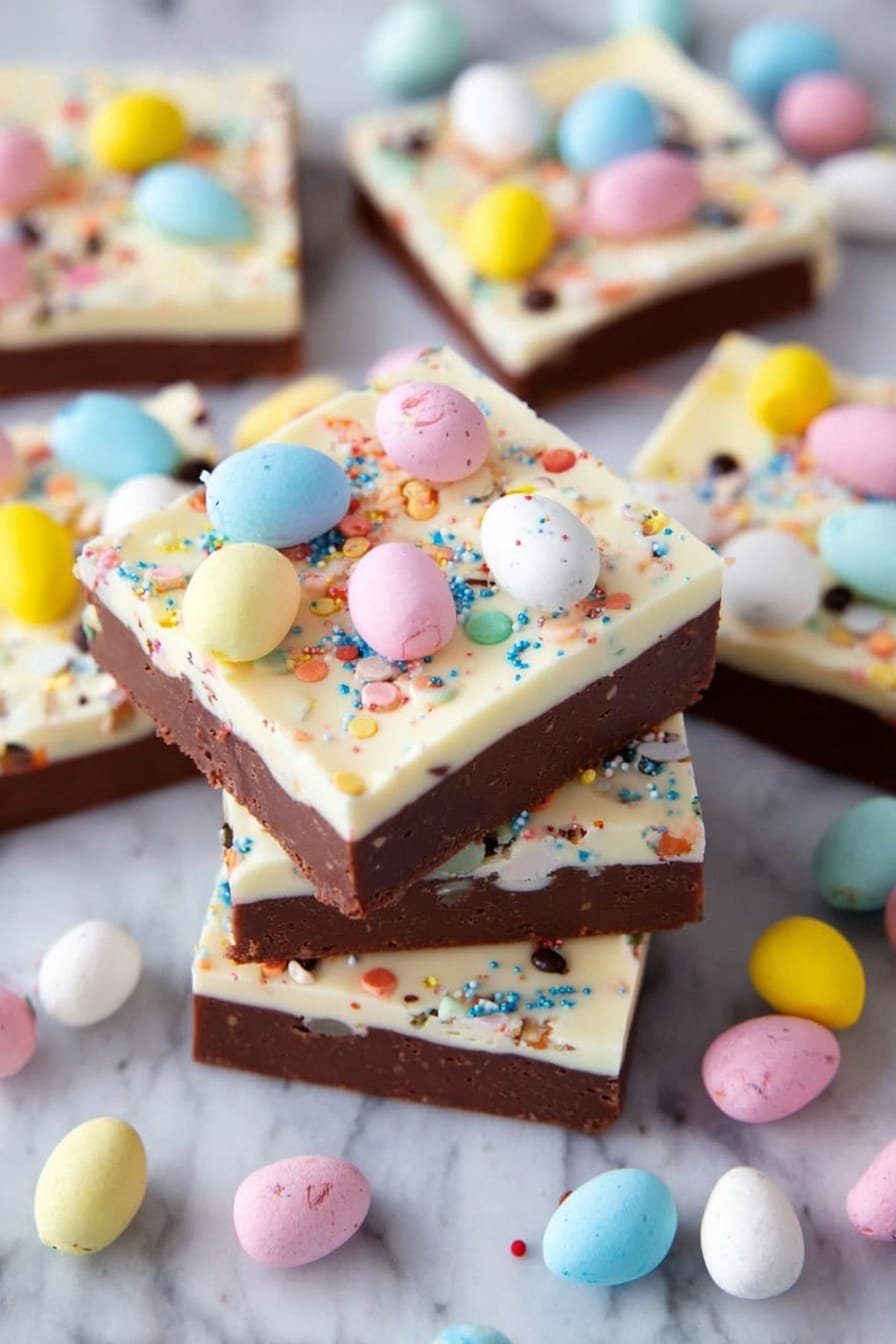A stack of square treats with two distinct layers is shown on a white marbled surface. The bottom layer is thick, dark brown, and smooth, while the top layer is creamy white and dotted with colorful round sprinkles and small candy pieces. Each square has a pastel-colored egg-shaped candy on top, in shades of pink, white, blue, and yellow. Around the squares, similar pastel egg candies are scattered. The overall look is festive and bright, with a mix of smooth and crunchy textures. photo taken with an iphone --ar 2:3 --v 7