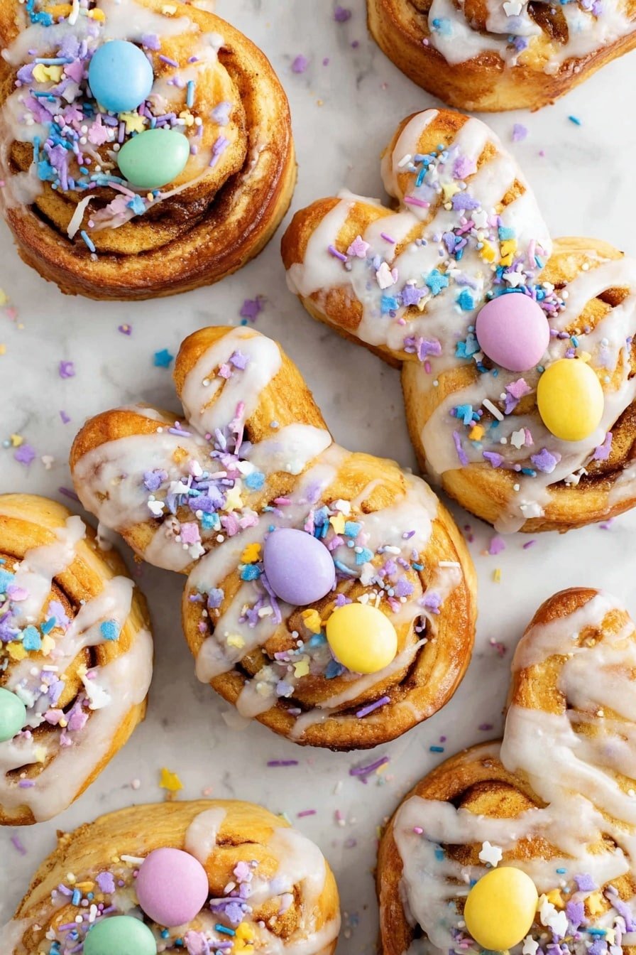 The image shows several cinnamon rolls with a golden-brown color, arranged closely on a white marbled surface. They have a thick layer of white icing drizzled unevenly across the tops, with colorful sprinkles scattered on top in pastel shades of blue, purple, pink, yellow, and green. Some rolls are decorated with round pastel candies in pink, yellow, purple, and green, adding texture and vibrancy. The rolls have a swirled shape with visible cinnamon layers, and the overall look is soft with slightly browned edges. photo taken with an iphone --ar 2:3 --v 7