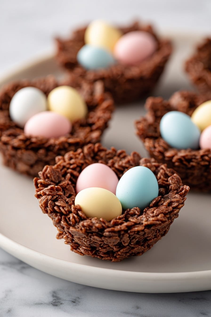 The image shows several small chocolate nests arranged neatly on a white marbled surface. Each nest is made of textured, rich dark brown chocolate mixed with cereal or nuts, formed into cup shapes with uneven, crunchy edges. Inside every nest are three pastel-colored candy eggs in soft yellow, light pink, pale blue, and white, giving a smooth contrast to the rough chocolate nest. The nests are placed in close rows, filling the whole frame with a focus on the middle nest that is sharp while the background is softly blurred. Photo taken with an iphone --ar 2:3 --v 7