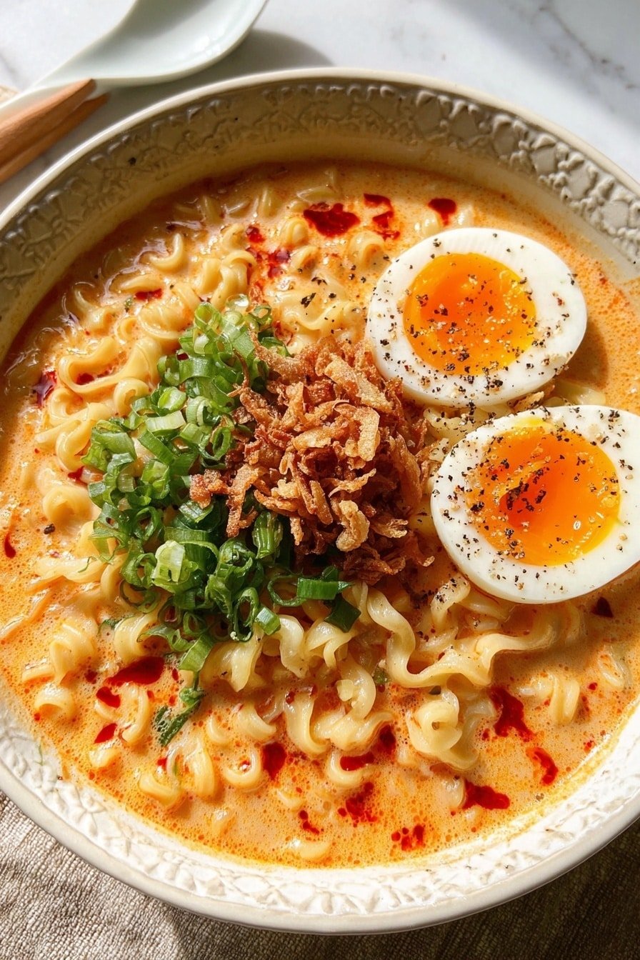 A bowl of creamy ramen with curly noodles in an orange broth sits on a white marbled texture. The noodles fill most of the ornate white bowl, topped with two halved soft-boiled eggs with bright orange yolks and a sprinkle of black pepper. In the center, there is a pile of vibrant green chopped scallions, next to a heap of crispy fried shallots, adding texture contrast. Bright red chili oil droplets scatter on the broth surface, adding warmth and color to the dish. A white ceramic spoon rests in the background. Photo taken with an iphone --ar 2:3 --v 7