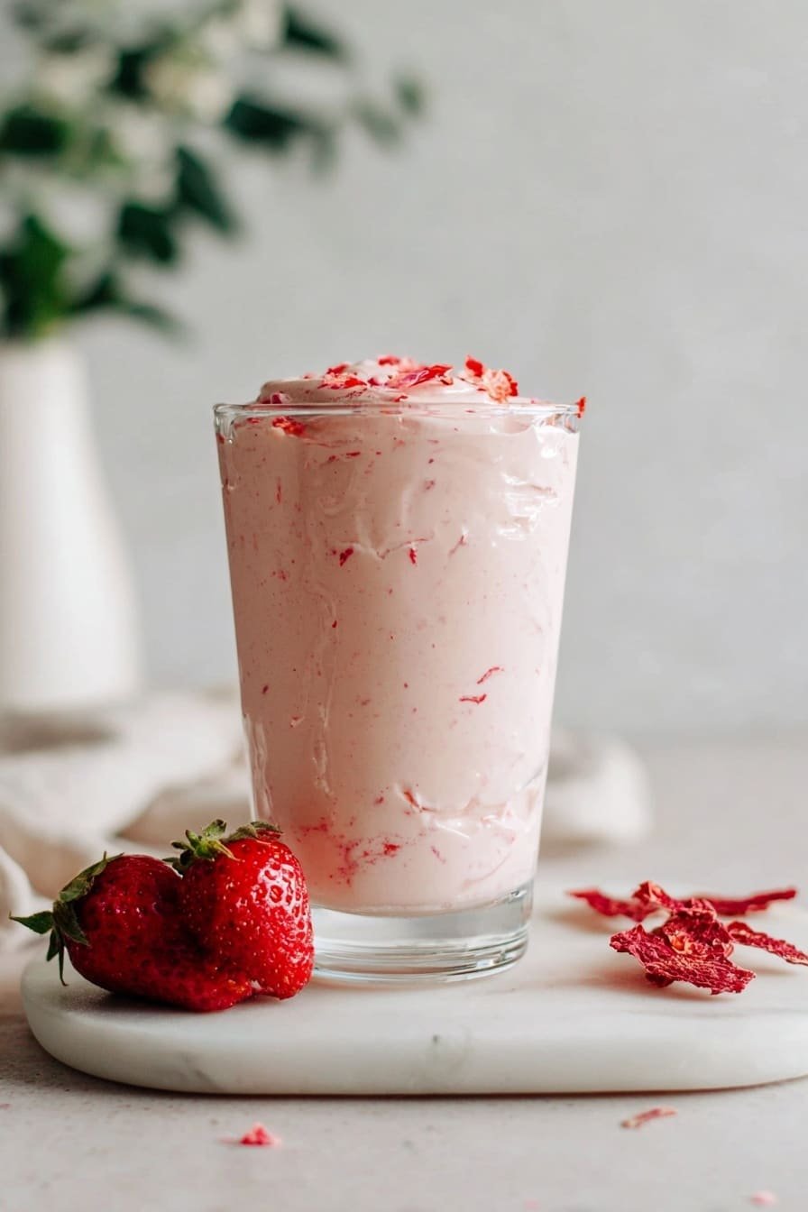 A clear glass filled with a creamy, light pink strawberry mousse that has small red specks inside, topped with crushed red strawberry pieces. The glass sits on a white marbled surface with two fresh red strawberries and some dried red strawberry slices placed nearby. In the blurry background, there is a white vase with green leaves. The overall look is soft and fresh, with the mousse slightly textured and the strawberries bright red. Photo taken with an iphone --ar 2:3 --v 7