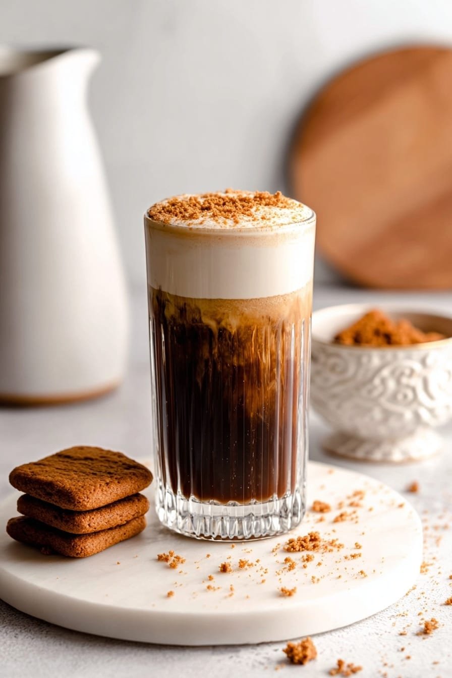 A tall clear glass with three layers: the bottom layer is dark brown cold coffee with visible vertical swirls from mixing; the middle layer is a thin white creamy foam; the top layer is light beige cream sprinkled with crushed brown cookie crumbs. The glass is placed on a round white marbled board with brown cookie crumbs scattered around. Next to the glass, there are two rectangular brown cookies on the left and a small ornate white bowl with more cookie crumbs behind. In the background, there is a white ceramic jug with a handle and a round wooden board blurred. photo taken with an iphone --ar 2:3 --v 7