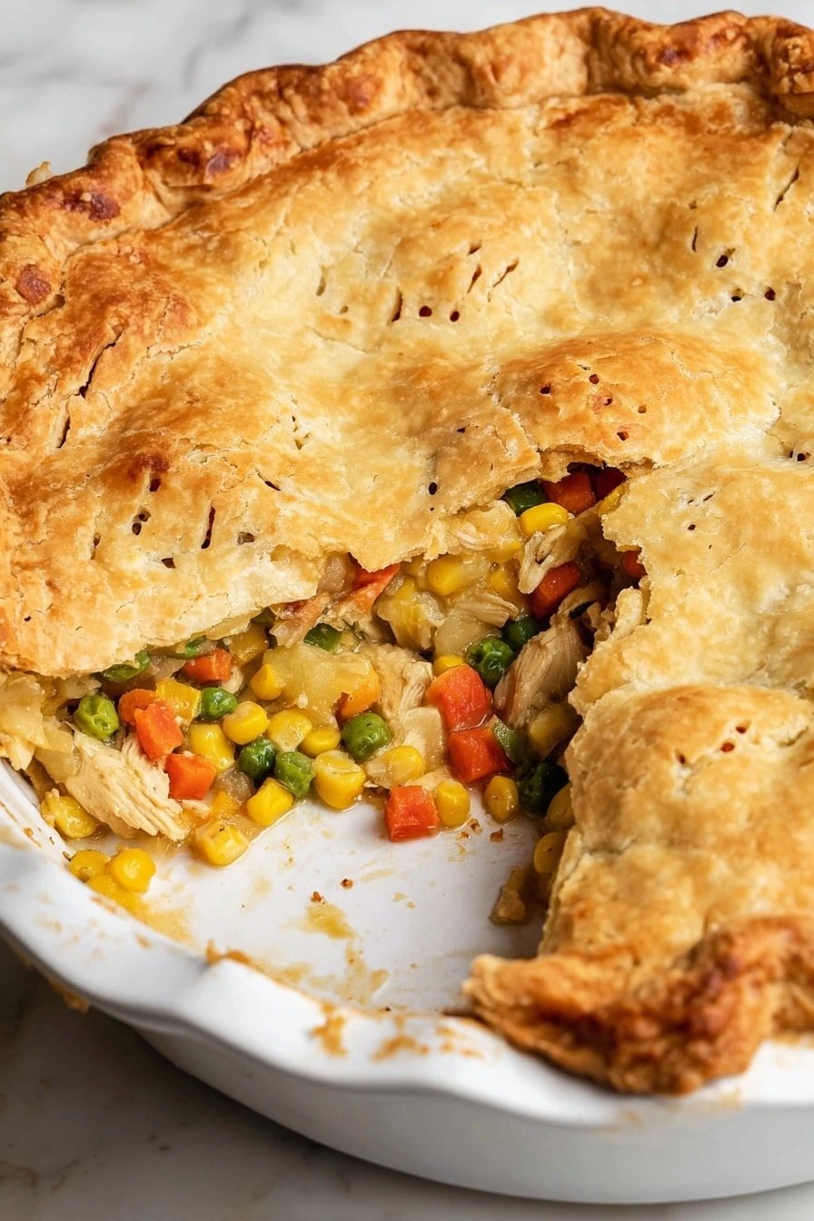 The image shows a golden brown pie with a flaky crust on top, placed in an ornate white pie dish. The pie has a section removed, revealing a colorful filling inside with layers of light brown cooked chicken pieces, bright yellow corn, orange carrots, green peas, and translucent celery chunks mixed together. The crust has a rough texture with small spots of lighter and darker golden shades, and the edges are crimped with a slightly thicker crust. The whole pie sits on a surface with a white marbled texture. The photo taken with an iphone --ar 2:3 --v 7