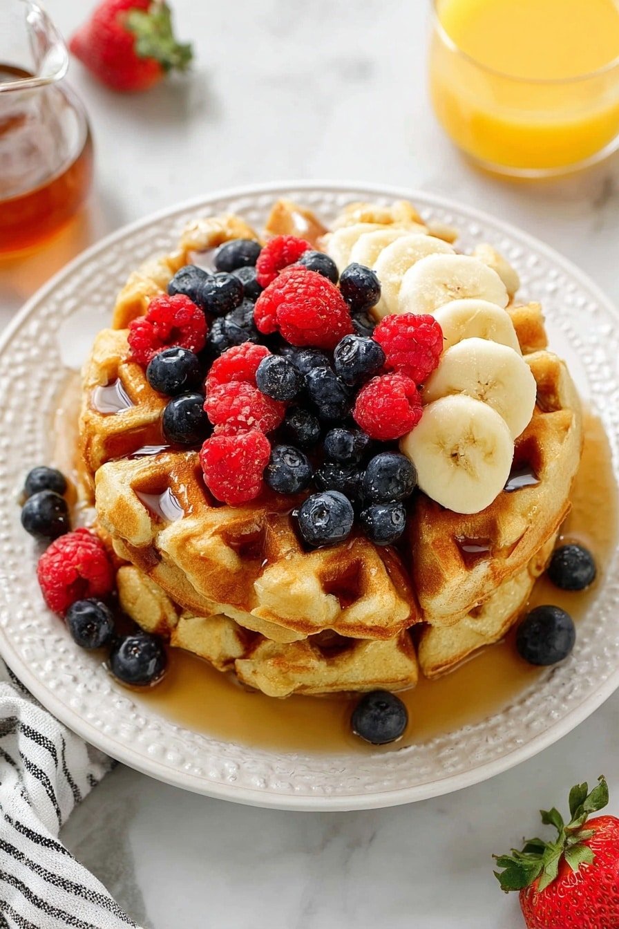 A stack of four golden brown waffles sits on an ornate white plate on a white marbled surface. The waffles have crisp edges and a soft texture inside. On top of the stack, there are fresh red raspberries, dark blue blueberries, and slices of pale yellow banana. Some syrup glistens on the waffles, dripping down the sides. Additional blueberries rest on the plate near the waffles, and a bright red strawberry is placed in the foreground on the white marbled surface. The background is soft and neutral, making the vibrant colors of the fruit and waffles stand out. Photo taken with an iphone --ar 2:3 --v 7