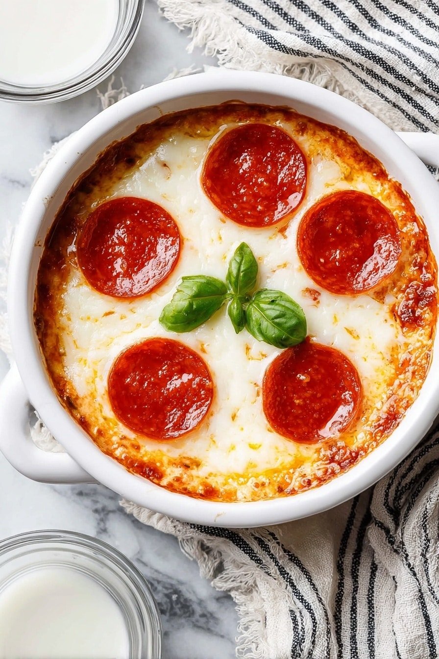 A round ornate white bowl filled with a single-layer pizza dip that has a smooth, melted white cheese base topped evenly with five shiny, red pepperoni slices arranged in a circle and one small green basil leaf in the center, all placed on a white marbled surface with a striped cloth napkin partially underneath and a small glass container of white sauce to the side, photo taken with an iphone --ar 2:3 --v 7