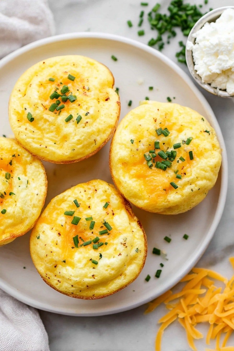 The image shows a close-up of a small egg muffin on an ornate white plate with a white marbled texture background. The muffin has two visible layers: the bottom layer is a dense, light yellow cooked egg base, while the top layer is a fluffier mixture of scrambled eggs with visible small white and darker yellow patches, indicating cheese or egg whites mixed in. Green chopped chives are sprinkled on top and around the plate, adding a fresh contrast of color. The muffin has a bite taken out of it, revealing its soft and slightly airy texture inside. Photo taken with an iphone --ar 2:3 --v 7