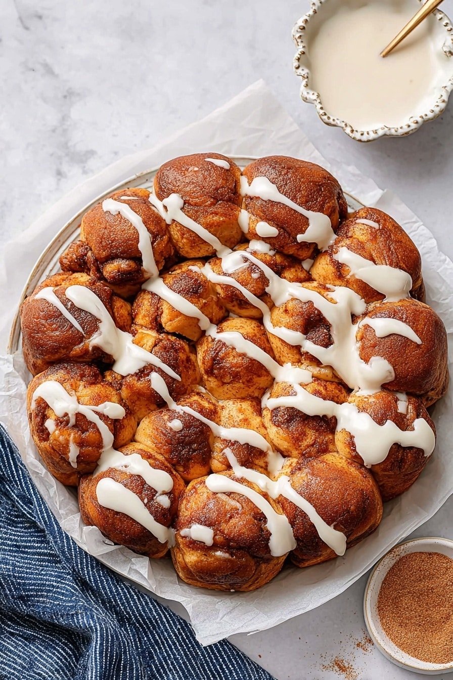 The image shows a round batch of cinnamon rolls arranged closely in a circle on white parchment paper inside a white marbled surface. The rolls have a rich golden-brown color with a soft, fluffy texture visible between each roll, and dark cinnamon swirls peeking through. They are topped with uneven drizzles of white icing that spread lightly over the rolls, adding contrast to the warm tones. Nearby, there is a small ornate white bowl with more white icing and another small ornate white bowl containing a mixture of ground cinnamon and sugar. A beige and white striped cloth is partially visible at the bottom left corner, adding a cozy touch to the setting. Photo taken with an iphone --ar 2:3 --v 7