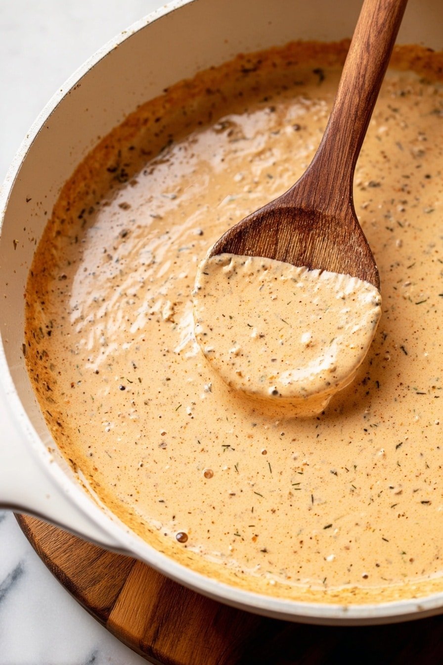 A close-up view of a smooth, creamy sauce in a light grey pan shows a warm light brown color with tiny dark and green specks, indicating herbs and spices mixed throughout. A wooden spoon with a round head is scooping the sauce, showing its thick and velvety texture that coats the spoon evenly. The sauce covers the pan in a single layer, with slight bubbling near the edges and a rich, inviting look. The pan is placed on a white marbled surface. Photo taken with an iphone --ar 2:3 --v 7