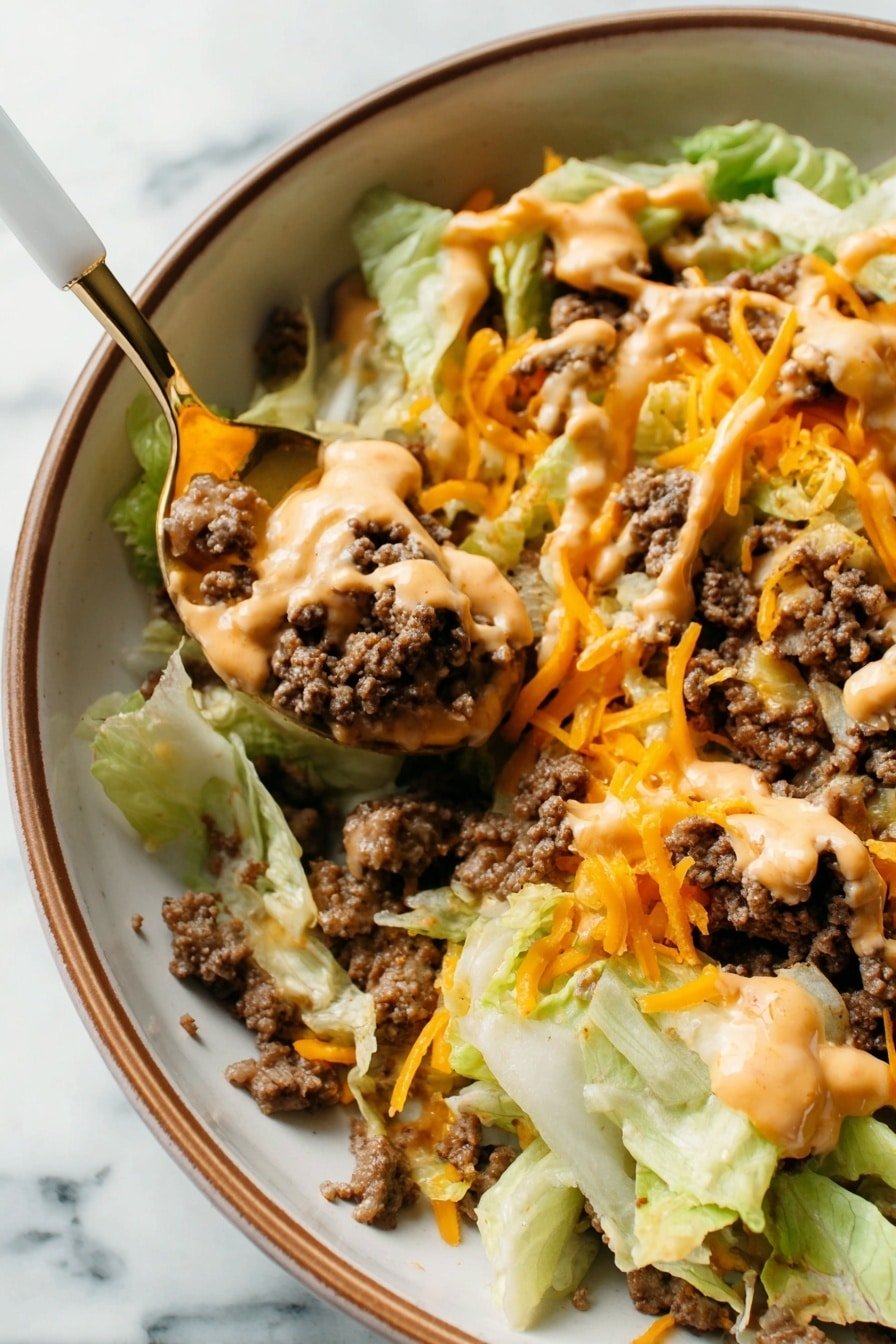 A white bowl filled with shredded light green lettuce as the base layer, topped with a layer of cooked ground beef that is dark brown and crumbly. Over the beef, there is a layer of shredded bright orange cheese, with dollops of creamy light orange sauce spread unevenly over the top. A gold fork with a white handle is placed on the left side of the bowl, resting on the lettuce and beef. The bowl is on a white marbled surface. Photo taken with an iphone --ar 2:3 --v 7