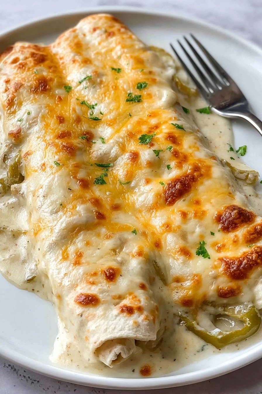 Two rolled tortillas covered in a creamy white sauce with chunks of green peppers, topped with melted golden brown cheese that has some crispy spots. The sauce has a smooth texture and is spread thickly over the rolled tortillas, with some sauce pooling around the edges. The dish is served on a white plate with a metal fork placed beside it, all set on a white marbled surface. Photo taken with an iphone --ar 2:3 --v 7