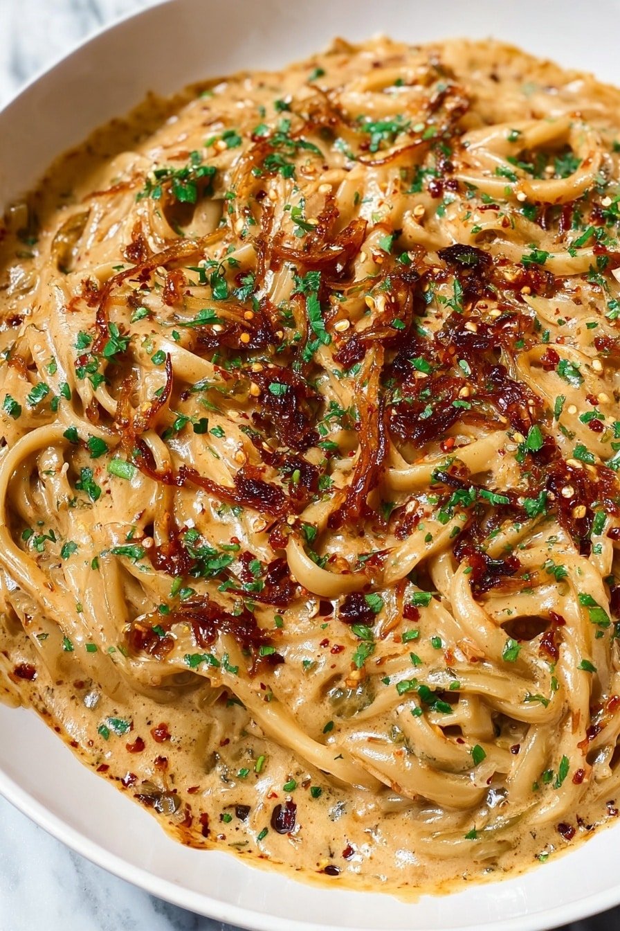 The image shows a close-up of a plate filled with creamy noodles. The dish has thick noodles covered in a rich light brown sauce, with darker red-brown chili oil spots scattered on top. There are small green herb pieces sprinkled over the dish, adding a bit of color contrast. The sauce looks smooth and slightly foamy in some spots, with the noodles intertwined and coated evenly. The edges of the white plate frame the food, placed on a white marbled surface. photo taken with an iphone --ar 2:3 --v 7