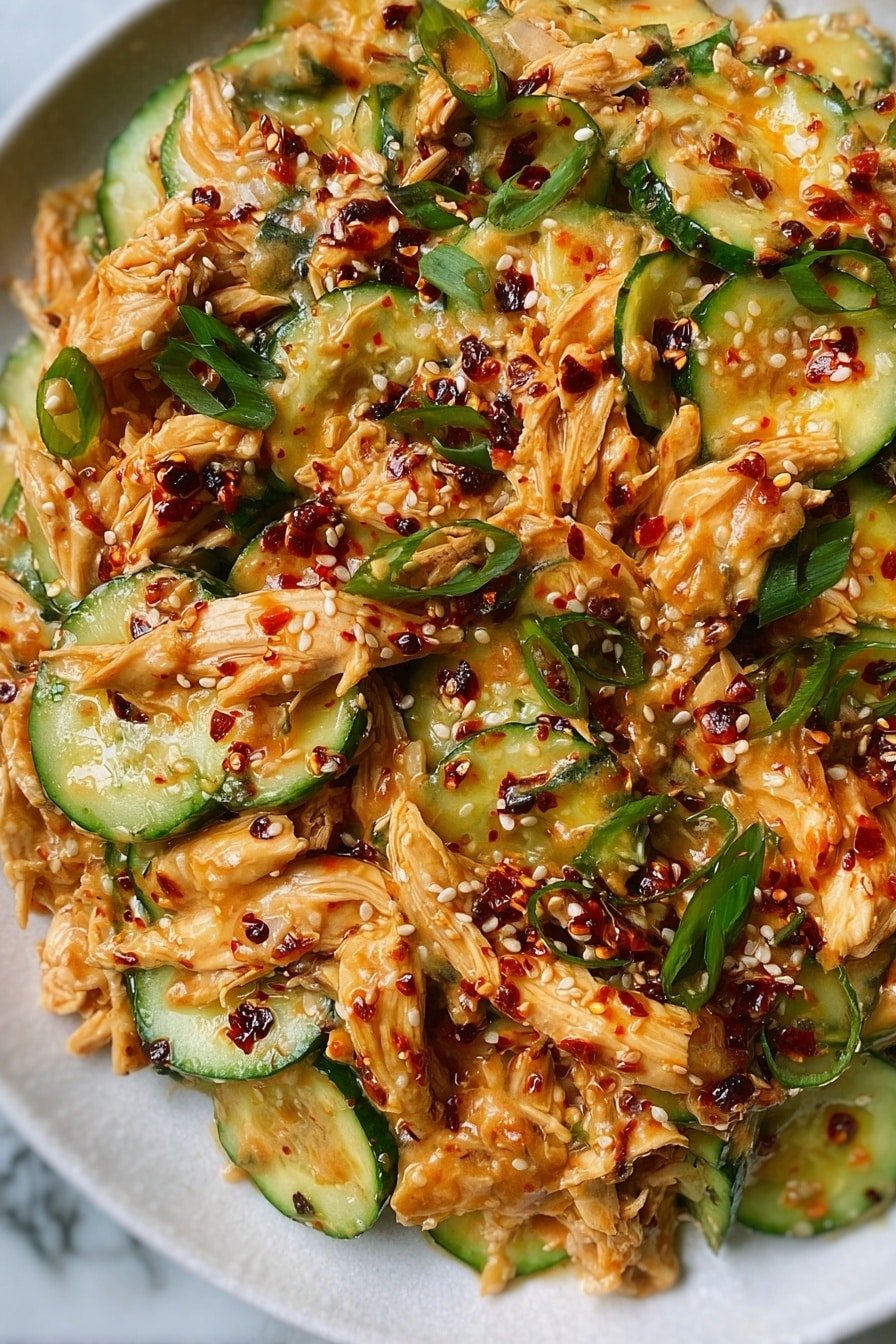 The image shows a close-up of a dish with two main layers: the first layer consists of tender shredded light orange chicken pieces mixed with green slices of cucumber, both coated in a creamy, slightly shiny sauce. The second layer is sprinkled over the top with dark red chili oil, sesame seeds, and thinly sliced green onions, adding texture and contrast with its oily, glossy look and small crunchy bits. The whole dish sits on a white marbled surface, with the colors of green, orange, and red standing out vibrantly. photo taken with an iphone --ar 2:3 --v 7