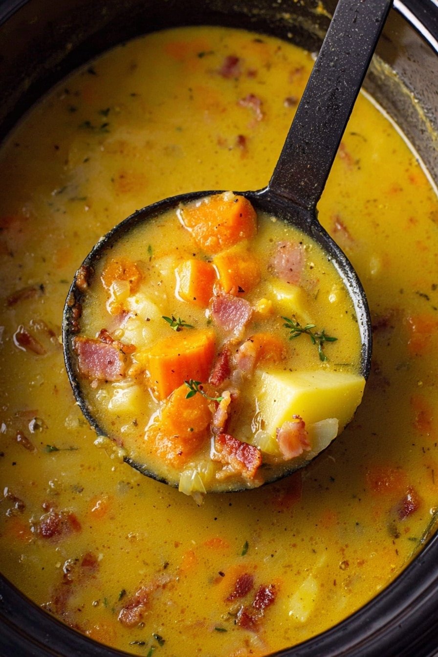 A close-up of a thick yellow-orange soup in a black pot with visible chunks of orange carrots, pale yellow potatoes, small pieces of brown bacon, and green herb sprigs. A black ladle scoops up a portion, showing the soup's chunky texture with a mix of soft vegetables and herbs. The soup surface inside the pot is slightly glossy, and the pot edges have some soup residue. The background has a wood texture photo taken with an iphone --ar 2:3 --v 7