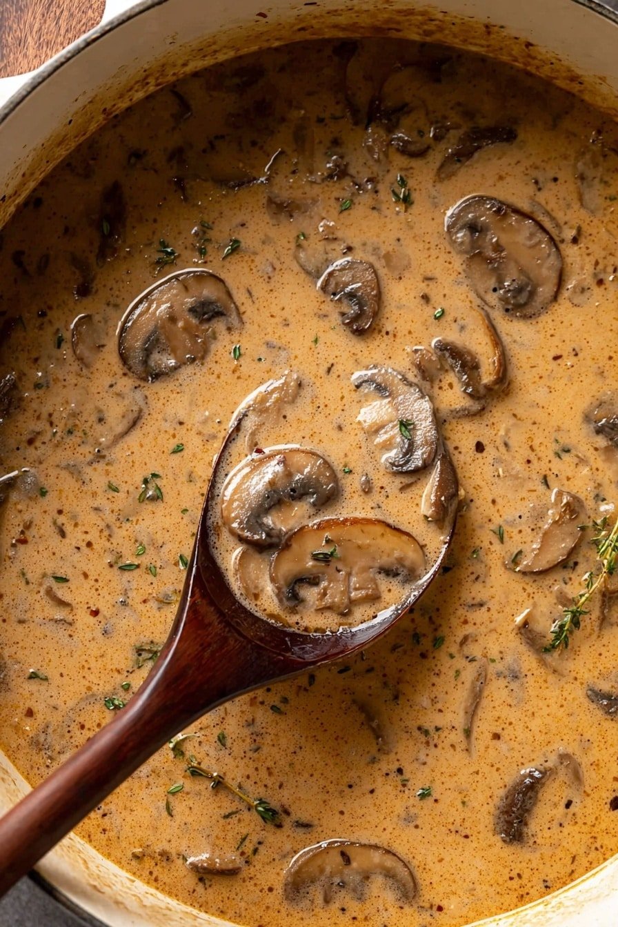 A close-up view of a pot filled with thick, creamy mushroom soup. The soup has a light brown base with visible herbs and spices, giving it a speckled texture. Large slices of dark brown mushrooms float throughout the soup, some resting on a wooden spoon that is scooping the soup inside the pot. The pot is ornate white and sits against a wood texture background. The spoon's dark wood contrasts with the creamy soup photo taken with an iphone --ar 2:3 --v 7