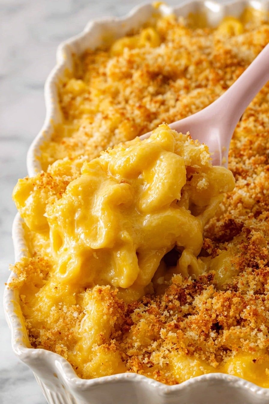 A pink spoon scoops up a serving of creamy macaroni and cheese from a deep ornate white dish filled with golden yellow pasta. The macaroni is thickly covered with a smooth, bright yellow cheese sauce and topped with a crunchy, light brown breadcrumb crust that adds texture. The cheese sauce glistens warmly, contrasting with the crispy breadcrumb layer on top. The entire scene is set on a wood texture background, creating a cozy and inviting look. photo taken with an iphone --ar 2:3 --v 7