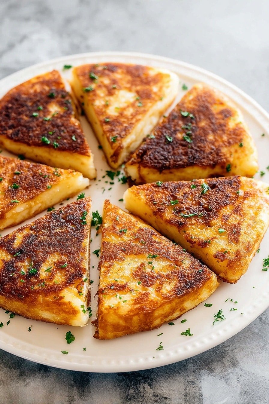 A round ornate white plate holds eight triangular pieces of golden brown fried food arranged in a circle, each piece showing a crispy, browned outer layer with a soft, slightly bubbly texture inside. Small green herb pieces are sprinkled over the food and on the plate, adding a touch of green contrast to the warm, rich tones of the triangles. The plate is set on a white marbled surface with a blurred light blue and gray background, giving a fresh and clean look to the scene. photo taken with an iphone --ar 2:3 --v 7