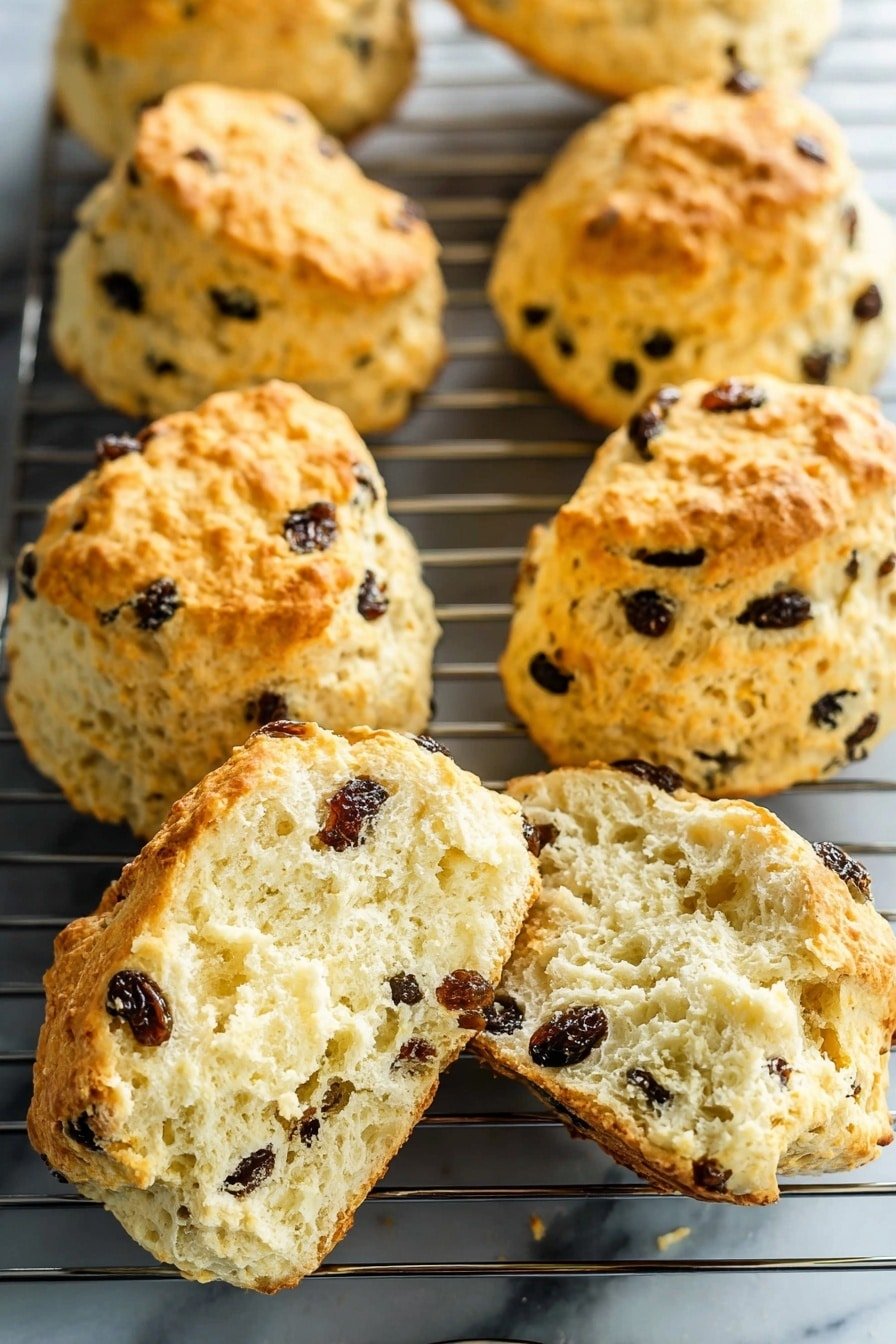 The image shows several golden-brown scones with a rough texture dotted with small dark bits of raisins. Most scones are placed whole on a black wire cooling rack over a white marbled surface. One scone in the front is split open, showing a soft, crumbly, and light cream inside with raisins embedded within. The top of the scones has a slightly shiny, golden crust, while the sides are a softer beige with a porous, fluffy texture. photo taken with an iphone --ar 2:3 --v 7