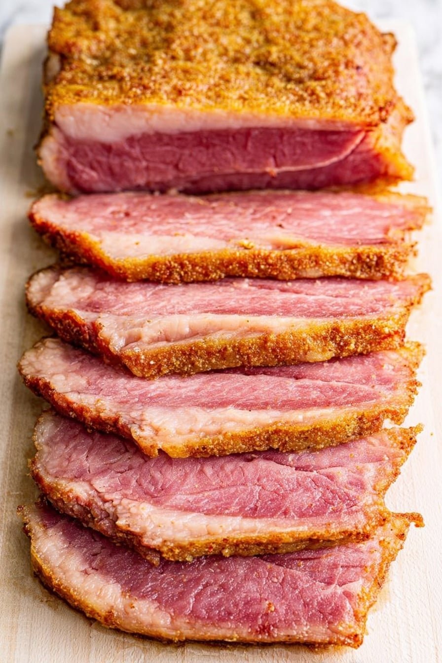 The image shows a stack of eight slices of cooked meat laid out in a neat row on a wooden cutting board with a white marbled texture background. The bottom layer is a larger, thick piece of meat with a rough, golden-brown seasoned crust that looks crispy. On top, each slice is thin with a clear pinkish-red center and a lighter outer edge, showing a slightly juicy texture with fine grain. The slices are arranged evenly, overlapping each other from bottom to top, showing a clear contrast between the pink meat inside and the golden outer crust. Photo taken with an iphone --ar 2:3 --v 7