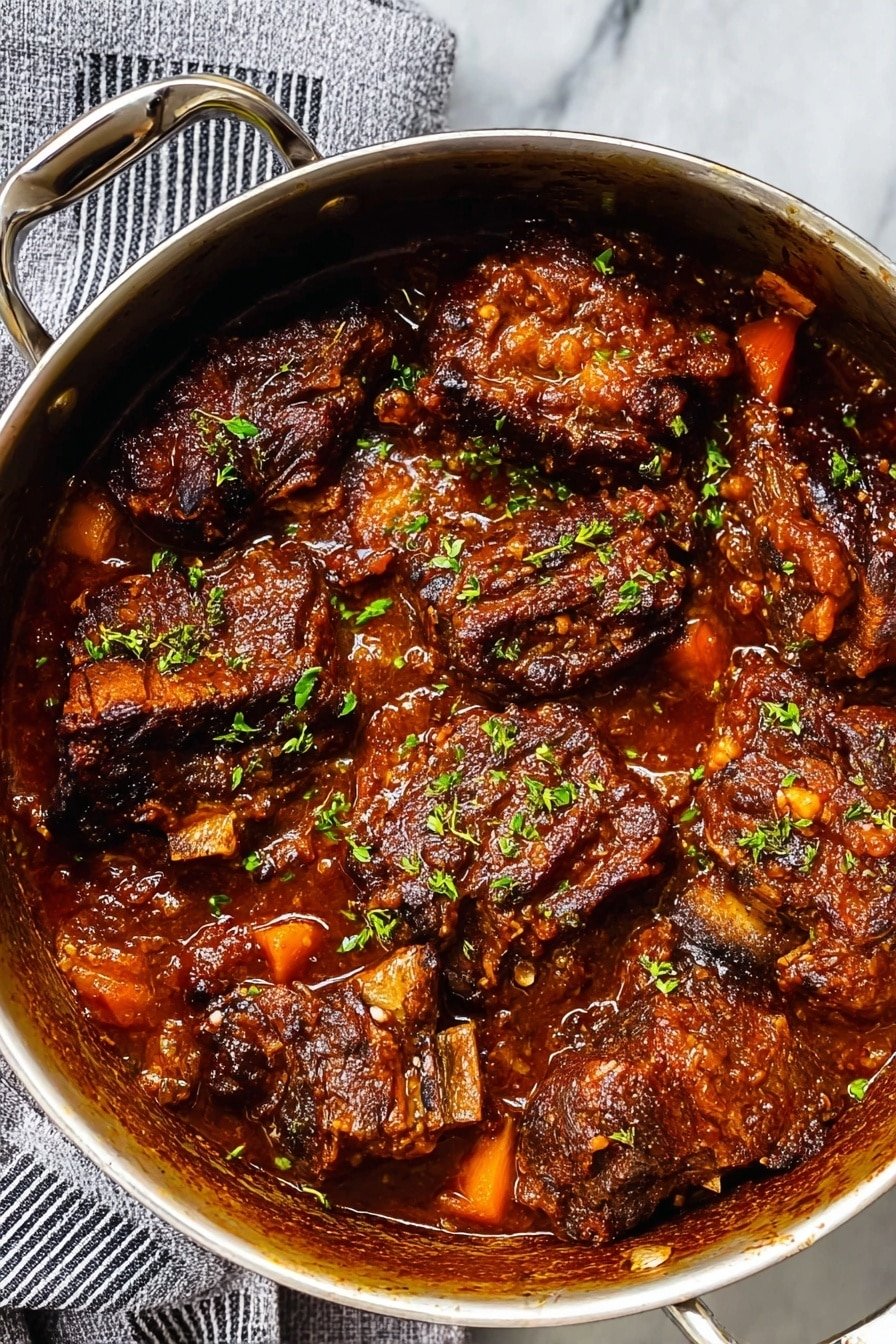 This image shows a large ornate white pot filled with several thick, dark brown pieces of meat that look tender and cooked well, covered in a thick, shiny sauce with visible chunks of orange carrots and small bits of green herbs sprinkled on top. The sauce has a rich brown color with a slightly oily surface, coating each meat piece fully. The pot sits on a white marbled surface with a striped cloth nearby, enhancing the cozy, hearty feel of the dish. Photo taken with an iphone --ar 2:3 --v 7