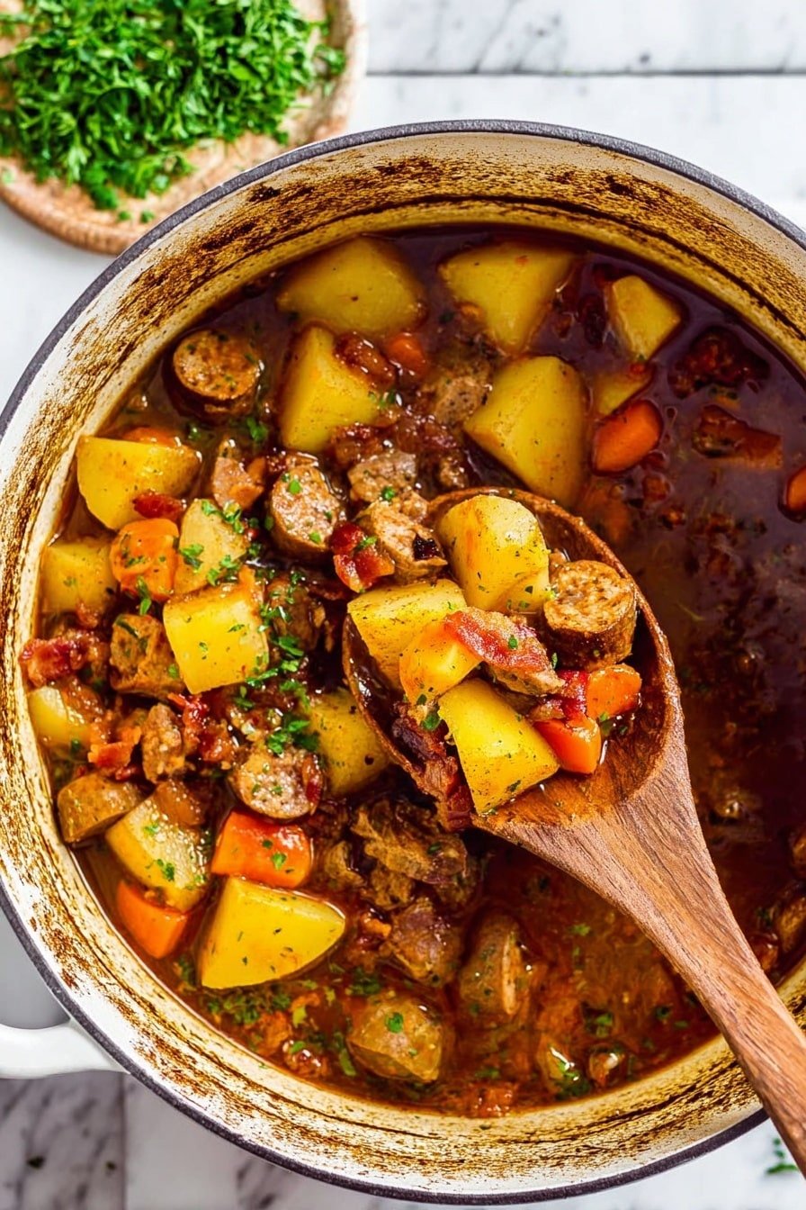 The dish is a stew inside a large white pot with brown cooked marks on the sides. The stew has several layers: large yellow potato chunks, pieces of browned sausage, small carrot slices in orange, and bits of crispy bacon spread evenly. Everything lies in a dark brown broth with some green herb specks sprinkled through. A wooden spoon lifts a mix of potato, sausage, and carrots from the stew. The pot is placed on a white marbled surface with a small bunch of fresh green herbs at the edge. photo taken with an iphone --ar 2:3 --v 7