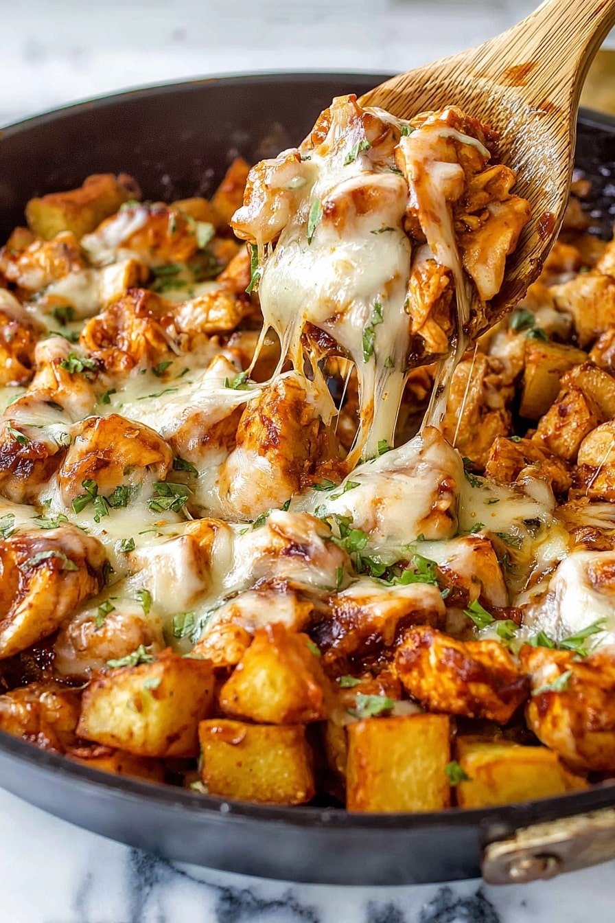 This image shows a skillet filled with several layers of food. The base layer consists of golden brown cubed potatoes with a slightly crispy texture. Above the potatoes are chunks of cooked chicken in a rich orange sauce, giving a glossy appearance. There is a layer of melted cheese on top, which is creamy white with stretches of melted, soft texture pulling as a wooden spoon lifts a portion from the pan. Small bits of green herbs are scattered on top, adding a fresh touch. The skillet sits on a white marbled texture, and the wooden spoon is visible on the left side, partially lifting the food. Photo taken with an iphone --ar 2:3 --v 7