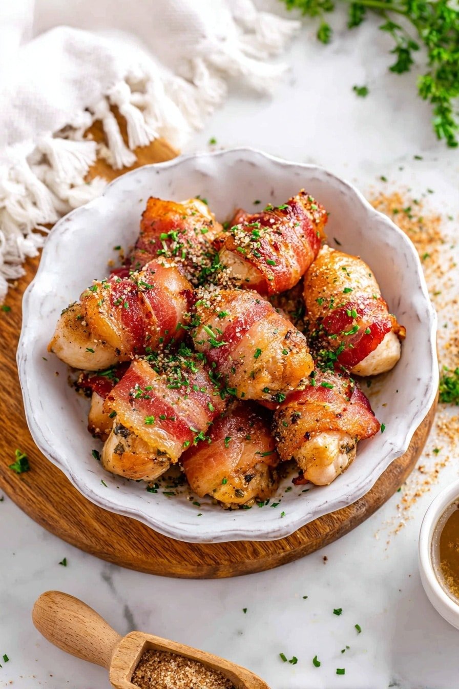 A round ornate white bowl filled with several small pieces of golden-brown cooked chicken wrapped with crispy bacon, sprinkled with chopped green herbs. The bowl is placed on a wooden round board which sits on a white marbled surface. Around the board, there are scattered bits of herbs and some brown sugar in a small wooden scoop. In the top left corner, there is a white cloth with tasseled edges. photo taken with an iphone --ar 2:3 --v 7