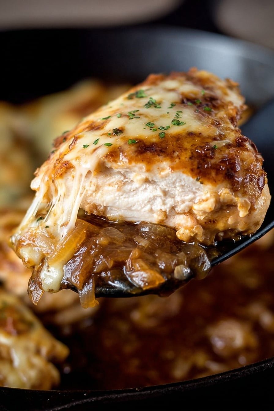 A close-up view shows a thick, golden brown cooked chicken piece topped with melted, slightly browned cheese and sprinkled with small green herb flakes. The chicken sits on a layer of soft, caramelized onions that are shiny and brownish, held by a silver spatula inside a black cast iron pan filled with rich, dark brown sauce and more chicken pieces blurred in the background. The textures highlight the moist cheese, tender chicken, and sticky onions, all layered visually one on top of the other. photo taken with an iphone --ar 2:3 --v 7