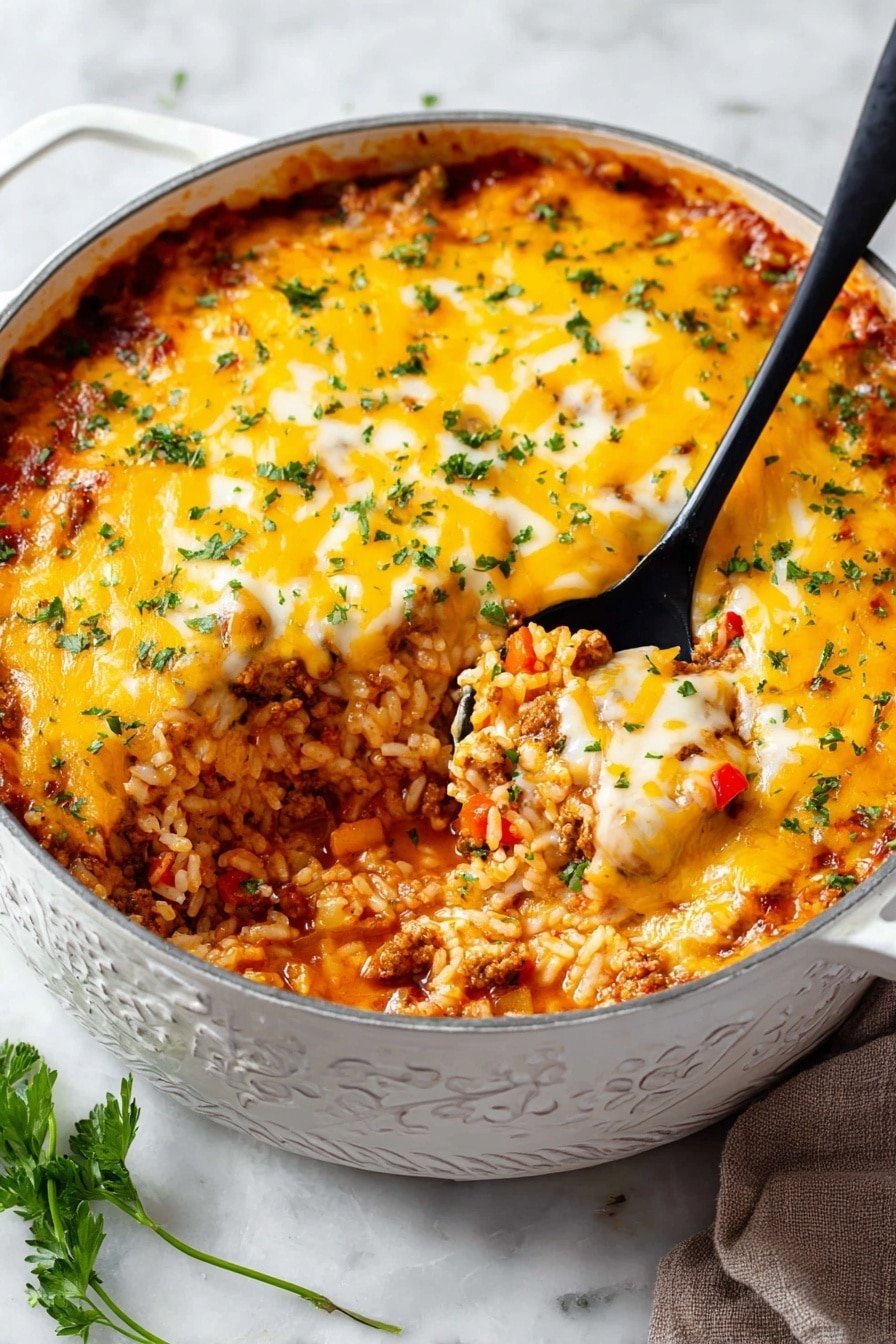 A large ornate white pot filled with a cheesy baked dish, showing at least two visible layers: a base of cooked rice mixed with small pieces of red and green bell peppers and ground meat in a tomato-based sauce, topped with a thick melted layer of yellow and white cheese that covers the whole surface, sprinkled with chopped green herbs. A black spoon scoops into the pot, mixing some of the cheesy top and rice underneath, revealing the colorful textured filling beneath. The pot is set on a white marbled surface with some green herb garnish nearby. Photo taken with an iphone --ar 2:3 --v 7