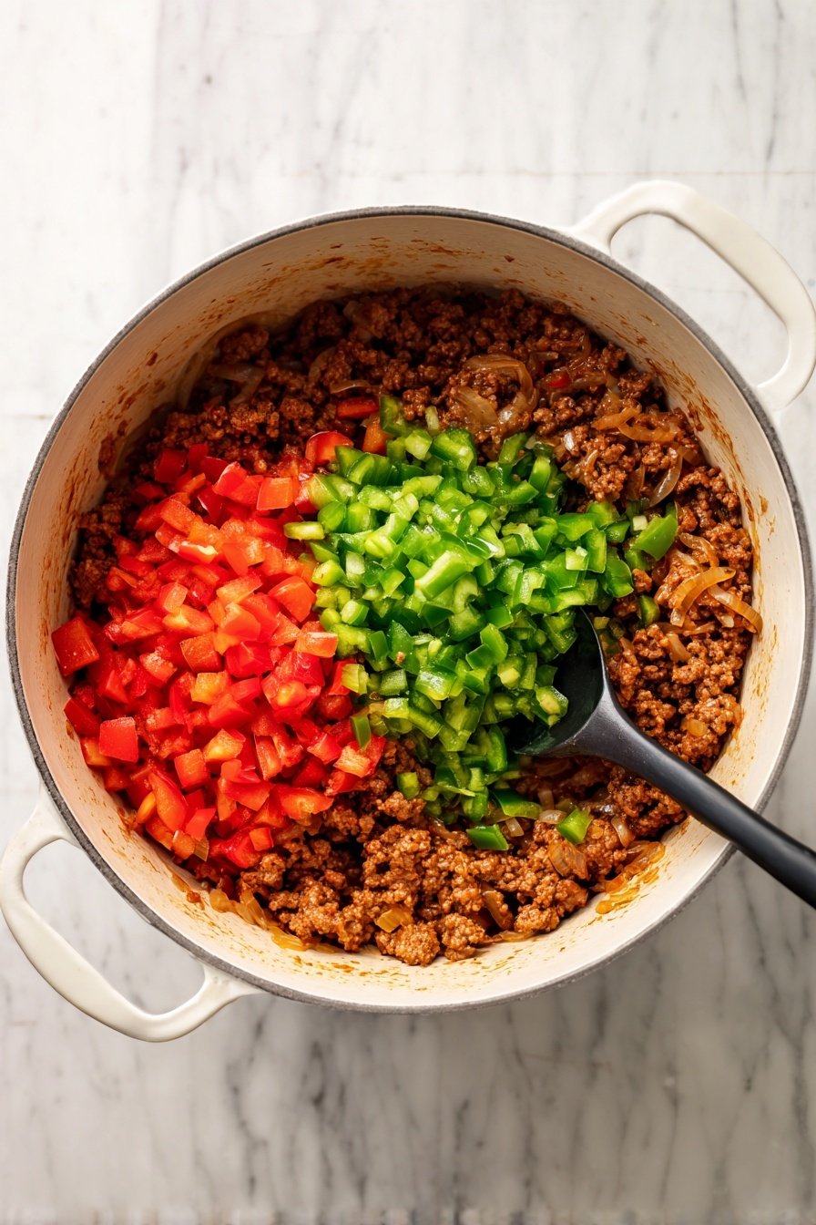 In a white bowl, there is a thick mix of cooked rice and ground meat, with small diced red and green bell peppers spread evenly throughout. On top, melted yellow and white cheese covers the center, showing some herbs sprinkled on it. The dish has a soft, slightly saucy texture with visible chunks of meat and vegetables mixed in. A metal spoon rests inside the bowl, on the right side, and fresh green parsley leaves are visible at the top left corner. The bowl sits on a white marbled surface. Photo taken with an iphone --ar 2:3 --v 7