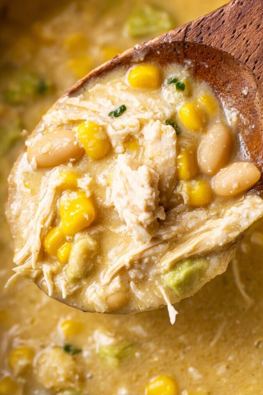The image shows a close-up of a thick, creamy soup held on a wooden spoon. The soup has a pale yellow color with visible white beans, bright yellow corn kernels, and shredded white chicken mixed evenly throughout. The texture looks smooth with soft chunks of ingredients, and the background is blurred showing more of the same soup. Photo taken with an iphone --ar 2:3 --v 7