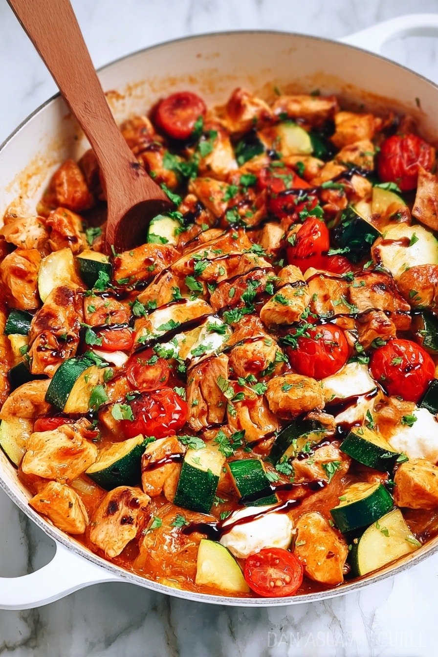 A wooden spoon lifts a colorful mix of cooked chicken pieces, red cherry tomatoes, green and yellow zucchini chunks, and melted cheese strands that stretch downwards. The dish is creamy with a red sauce coating the ingredients, and small green herbs are scattered throughout. The food sits inside a white marbled texture bowl with the background softly blurred. A woman's hand holds the spoon from the top right corner. Photo taken with an iphone --ar 2:3 --v 7
