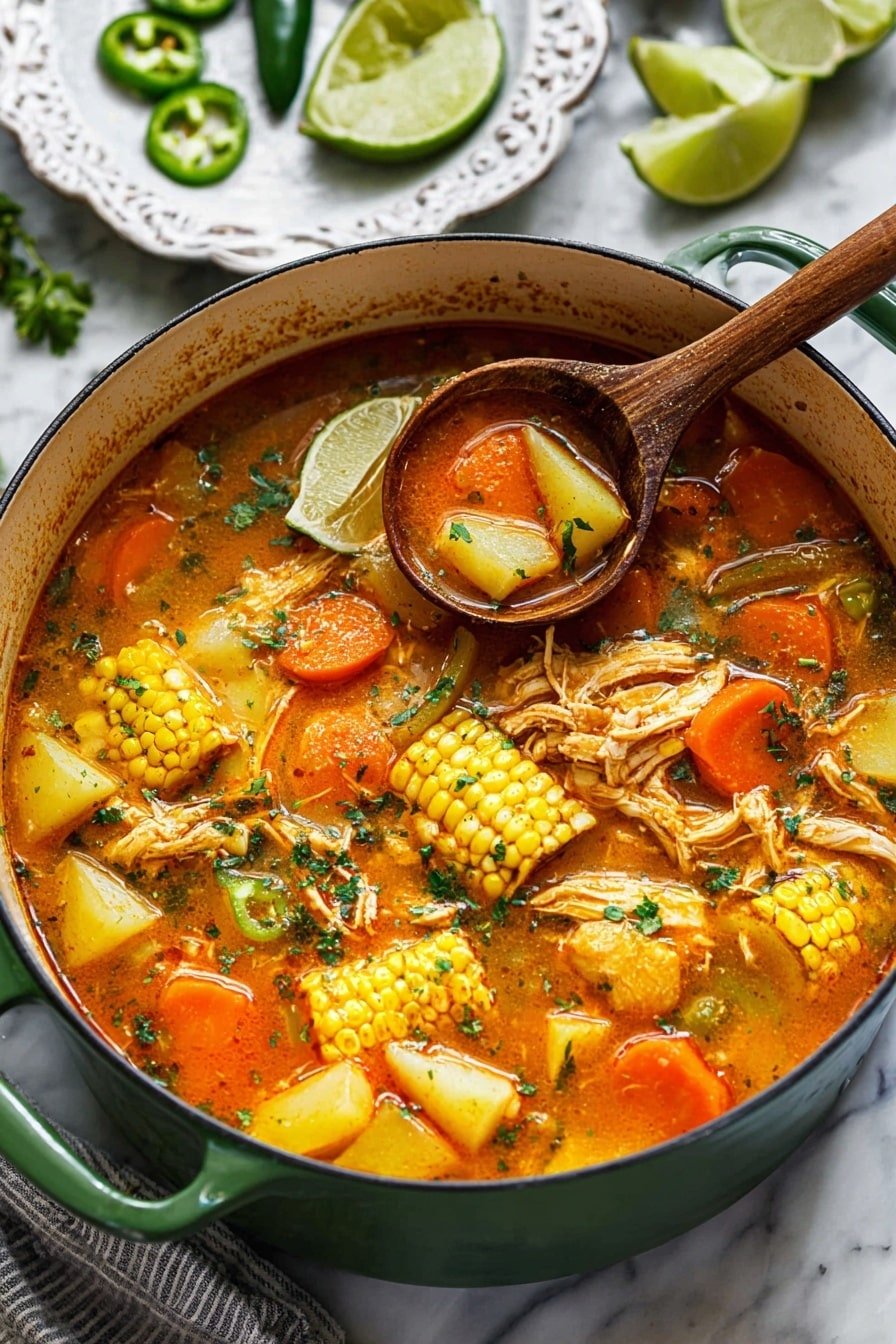 A large ornate white pot filled with a rich, orange broth soup with visible chunks layered throughout: bright yellow corn on the cob cut into pieces, orange carrot chunks, pale potato cubes, and green celery pieces. Shredded light brown chicken is scattered around, mixed with finely chopped green herbs sprinkled on top. A wedge of lime sits near the center, and a wooden spoon scoops up some of the soup showing a good mix of all ingredients. In the background, a few ornate white plates have lime slices and green chili peppers, all placed on a white marbled surface. Photo taken with an iphone --ar 2:3 --v 7