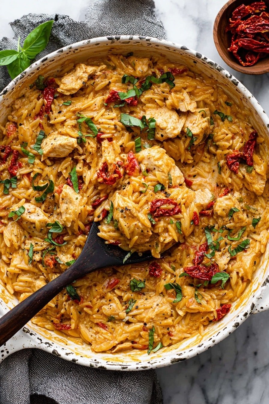 A close-up top view of a creamy skillet dish in a white ornate pan, showing three main layers: tender, pale beige chunks of chicken mixed evenly with soft, golden-orange orzo pasta that is creamy in texture, scattered bright red pieces of sun-dried tomatoes adding color contrast, and fresh green basil leaves distributed throughout for a burst of freshness. The wooden spoon inside the pan lifts a portion, revealing the mix's smooth, rich sauce coating every component with small black pepper specks on top. The pan sits on a white marbled surface with a gray cloth underneath and a small bowl of extra sun-dried tomatoes nearby. Photo taken with an iphone --ar 2:3 --v 7