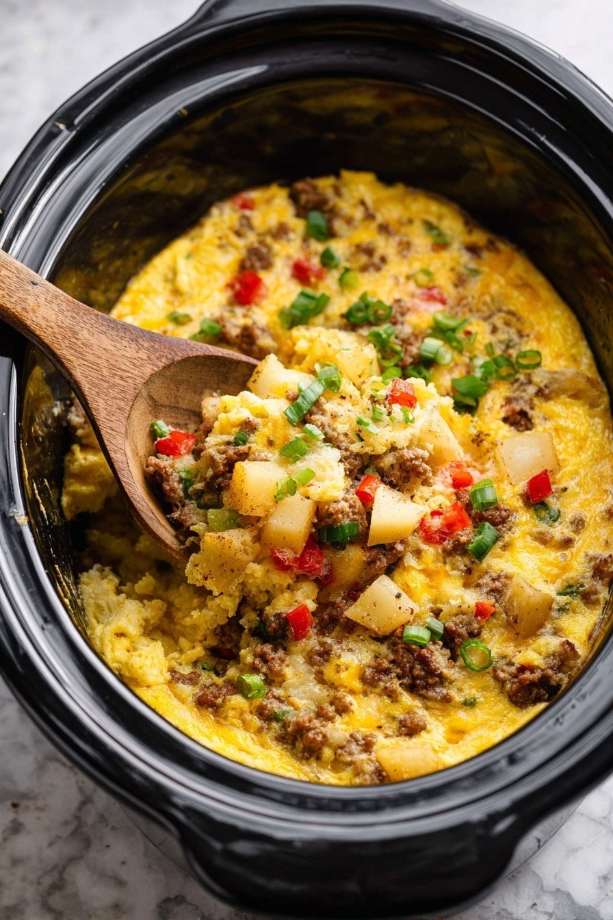 A black slow cooker filled with a thick, baked egg dish that has a base layer of soft, yellow cooked eggs mixed with small pieces of browned sausage and diced potatoes. Scattered on top are bits of bright red bell pepper and green chopped scallions, adding color and texture. A wooden spoon inside the cooker scoops up a generous portion, revealing the mix of ingredients and the fluffy, slightly browned surface. The slow cooker sits on a white marbled texture. Photo taken with an iphone --ar 2:3 --v 7