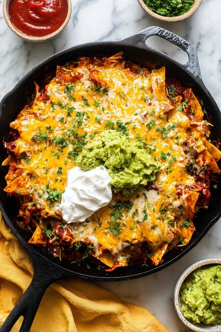 A black cast iron pan filled with layers of crispy tortilla chips soaked in a rich red sauce, topped with melted blended yellow and white cheese that covers the chips evenly, sprinkled with chopped green herbs. On one side of the pan, there is a generous scoop of chunky bright green guacamole and a smooth dollop of white sour cream sitting side by side. The pan is placed on a white marbled surface with a soft yellow cloth to the left, and two small bowls above it—one with a vibrant red sauce and the other with extra guacamole. photo taken with an iphone --ar 2:3 --v 7