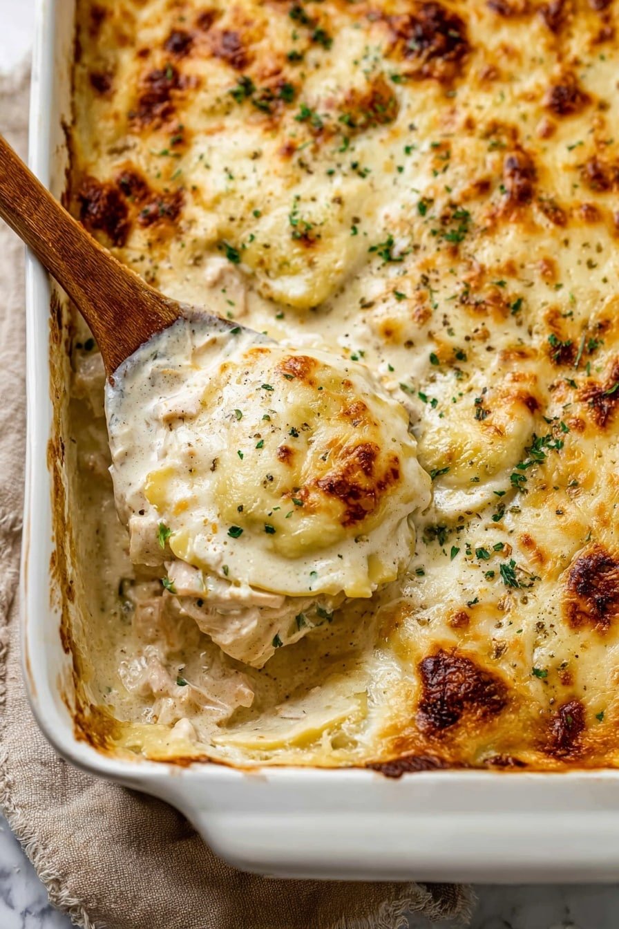 The image shows a large ornate white baking dish filled with a creamy layered potato and chicken casserole topped with browned, melted cheese and sprinkled with fresh green herbs. The visible layers include thinly sliced pale yellow potatoes with a smooth white sauce that has specks of black pepper and shredded white chicken pieces blended inside. The top layer is golden and bubbly with slightly browned spots, while the herbs add small green dots scattered across the surface. A vintage silver spoon is scooping out a portion, showing the soft, saucy inside layers against a white marbled textured background and a beige cloth underneath. Photo taken with an iphone --ar 2:3 --v 7