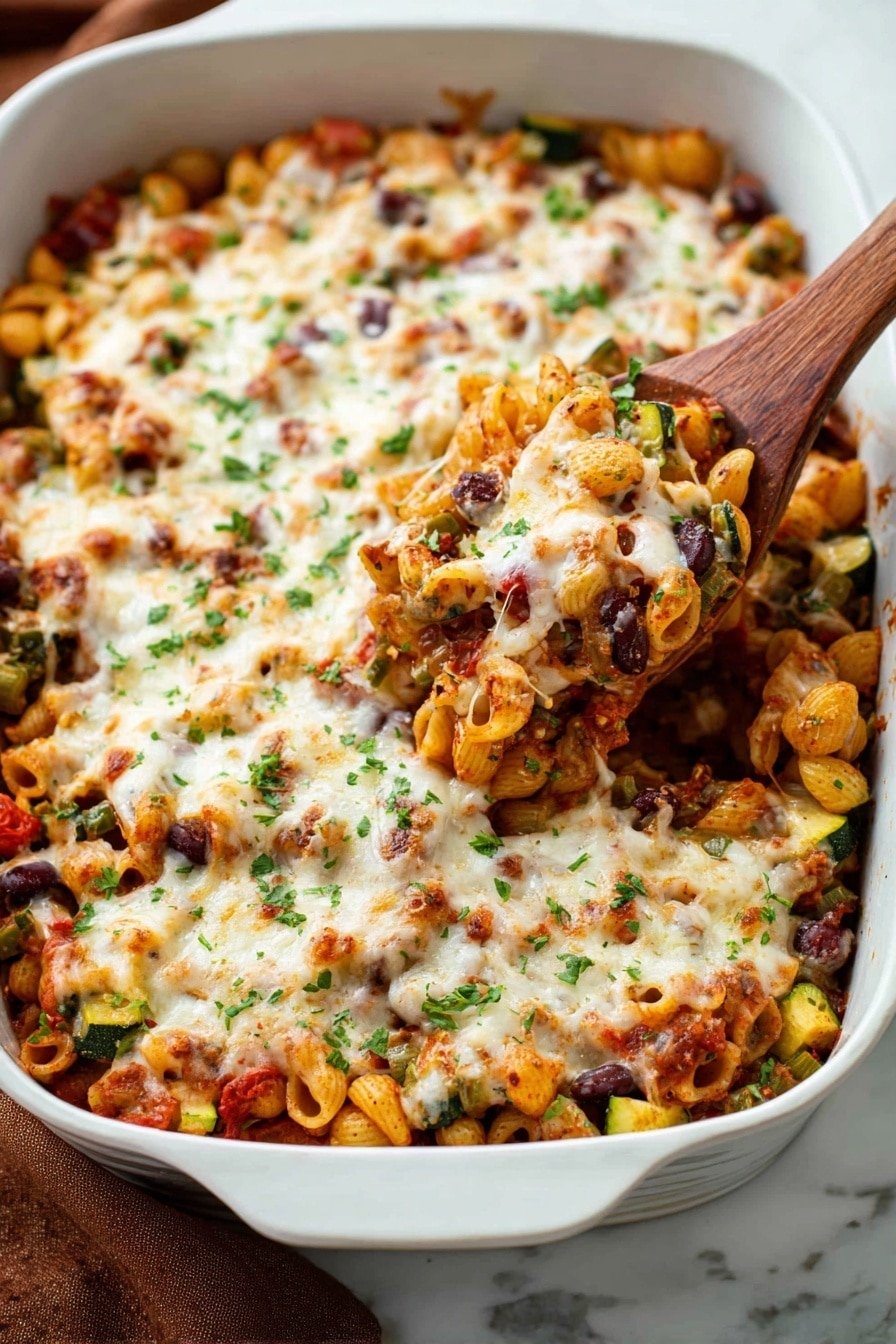 A white casserole dish filled with a baked pasta casserole showing at least three visible layers: the bottom layer is small shell pasta mixed with pieces of green beans, zucchini slices, diced tomatoes, and dark kidney beans. The middle layer is a bubbly, melted white cheese partially covering the pasta and vegetables. The top layer has some browned cheese spots and is sprinkled with finely chopped green herbs. A wooden spoon is scooping a portion, lifting pasta and melted cheese, showing a mix of all the ingredients. The casserole dish is placed on a white marbled texture with a brown cloth nearby. Photo taken with an iphone --ar 2:3 --v 7