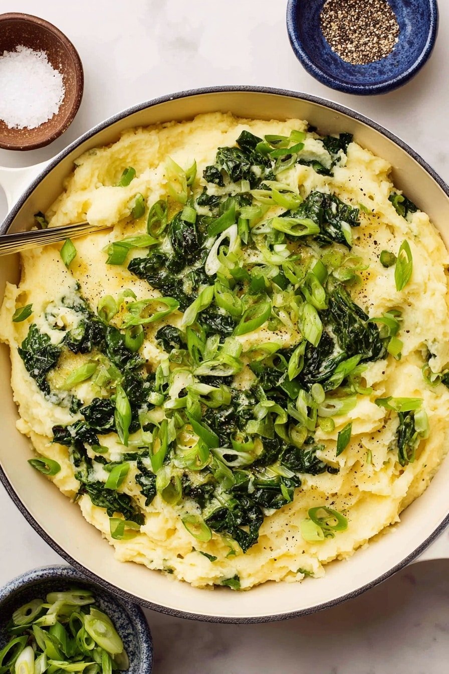 The dish is served in a deep ornate white bowl filled with creamy mashed potatoes as the base layer, soft and pale yellow in color with a slightly lumpy texture. On top, there is a generous layer of chopped dark green leafy vegetables mixed with bright green sliced spring onions, scattered evenly across the surface. A shiny silver spoon is placed inside the bowl on the right side, resting on the mashed potatoes. Around the bowl, there are small round bowls containing coarse white salt and ground black pepper, placed on a white marbled surface. The whole dish looks fresh, hearty, and vibrant with green and creamy white tones. photo taken with an iphone --ar 2:3 --v 7