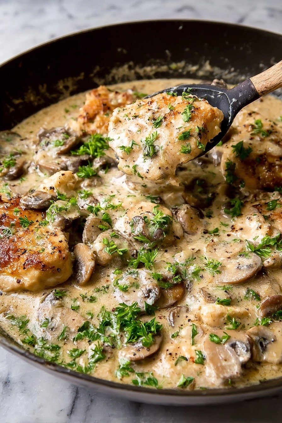The image shows a black skillet filled with a creamy mushroom chicken dish. The dish has several pieces of browned chicken and whole as well as sliced mushrooms, all coated in a light beige sauce with specks of black pepper and herbs. Bright green chopped parsley is sprinkled on top, adding a fresh color contrast. A wooden spoon partially lifts a piece of chicken covered in sauce from the skillet. The skillet is placed on a white marbled surface. Photo taken with an iphone --ar 2:3 --v 7
