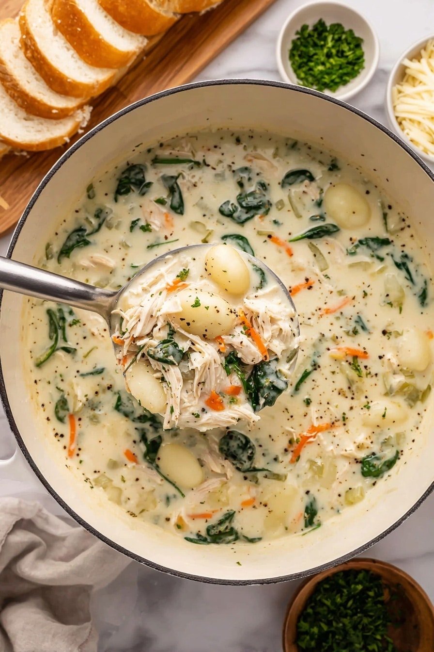 A large white pot filled with thick creamy soup containing three main layers: small white gnocchi pieces scattered throughout, shredded white chicken layered within, and green leafy spinach along with thin orange carrot strips adding color. The creamy broth is speckled with herbs and black pepper bits, creating a textured surface. A silver ladle scoops up a portion centered in the image showing these layers clearly. The pot sits on a white marbled surface with sliced white bread on a wooden cutting board in the background and small bowls of grated cheese and chopped green herbs placed nearby. Photo taken with an iphone --ar 2:3 --v 7