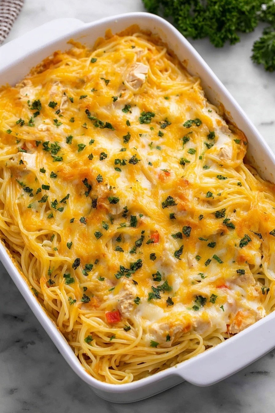 This image shows a white rectangular dish filled with a baked pasta casserole. The top layer is covered with melted, golden-yellow cheese with small green herb pieces sprinkled evenly over it. Below the cheese, thin spaghetti noodles are visible, mixed with small chunks of light-colored cooked chicken and bits of red and green vegetables. The dish has a creamy texture with parts where the cheese is slightly browned. The background is a white marbled surface with a bit of green parsley visible in the top left corner. photo taken with an iphone --ar 2:3 --v 7