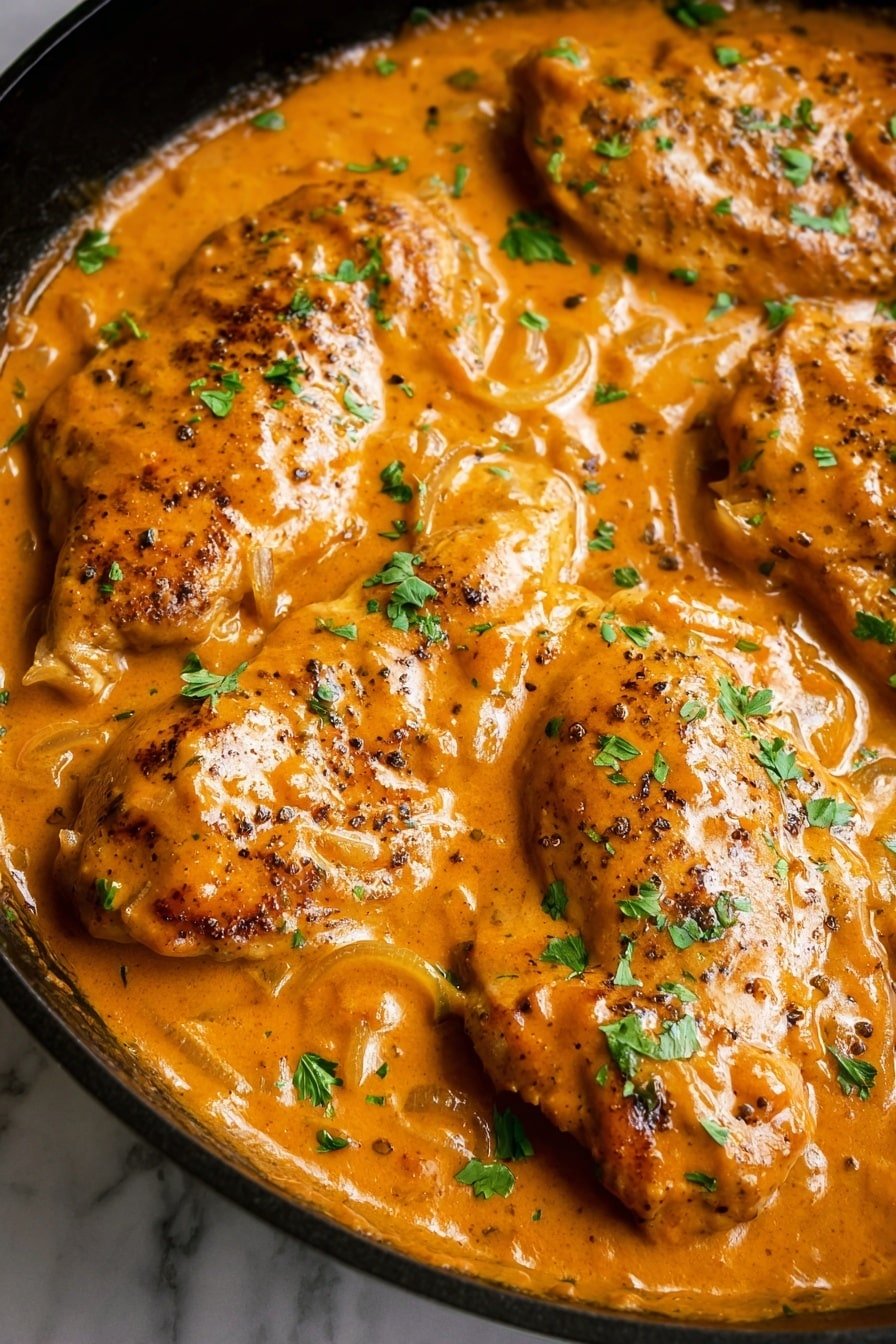 A close-up view of several browned chicken pieces layered in a black skillet, covered in a thick, creamy orange sauce with bits of onion visible. The sauce has a smooth, shiny texture and is sprinkled with black pepper and chopped green herbs that add a fresh contrast. The chicken pieces are arranged closely next to each other, partially submerged in the sauce. The skillet is placed on a white marbled surface. photo taken with an iphone --ar 2:3 --v 7