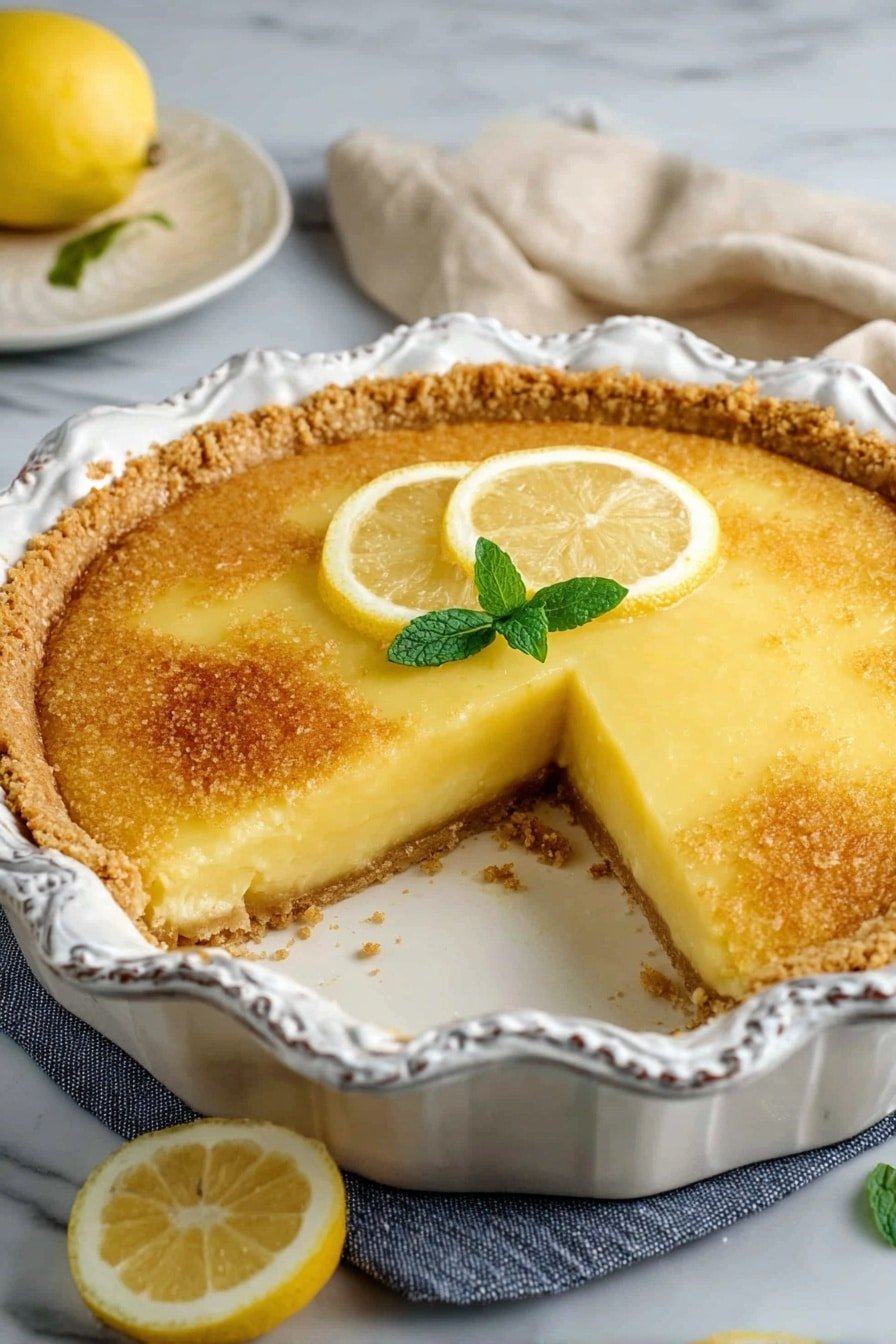The image shows a lemon pie with one slice taken out, placed in a ornate white ceramic pie dish. The pie has three main layers: a light golden brown crust around the edges, a smooth and bright yellow lemon filling in the middle, and a slightly browned, textured top layer. On top of the pie, two lemon slices are placed near the edge on opposite sides, and a small green mint leaf rests on the center. The dish sits on a white marbled surface, with a cut lemon half in the background and a blue cloth nearby. Photo taken with an iphone --ar 2:3 --v 7