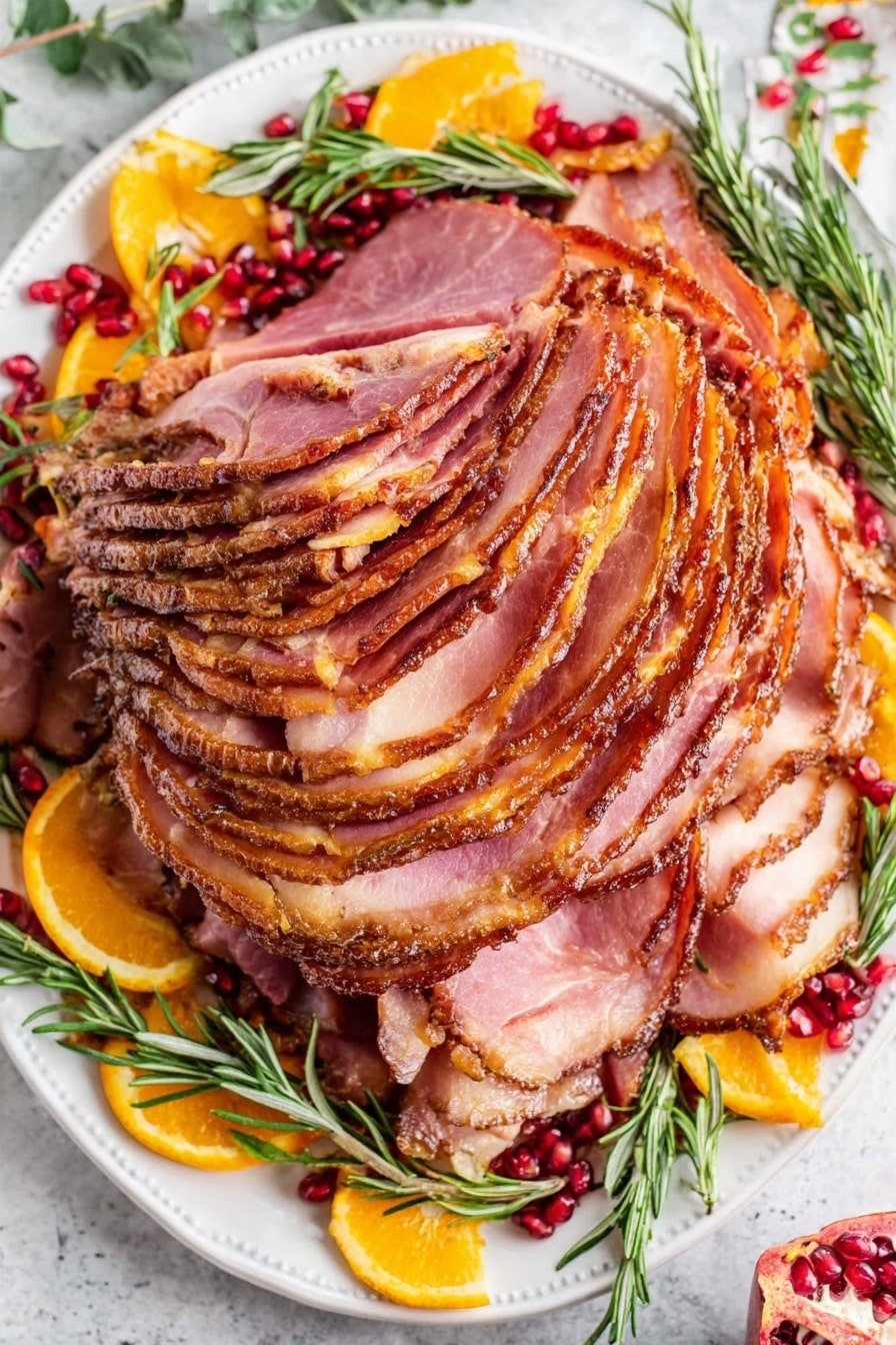 A large ornate white plate holds a spiral cut ham with many thin slices showing a brown crispy outer edge and pink inside. The ham is arranged in layers that fan out from the center. Around the ham, there are green rosemary sprigs, bright orange sliced orange pieces, and red pomegranate seeds scattered on a white marbled texture underneath. The overall look is colorful with warm brown, pink, green, orange, and red tones. photo taken with an iphone --ar 2:3 --v 7